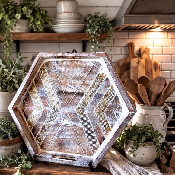 Other - Unique Octagonal Distressed Natural Wooden Tray with Gold Accents 🌟NWT!